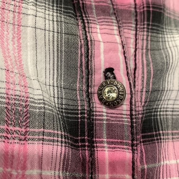 Harley Davidson Button-Down Plaid Shirt Button/Cuffed Sleeves Pink/Black/White - Picture 8 of 14